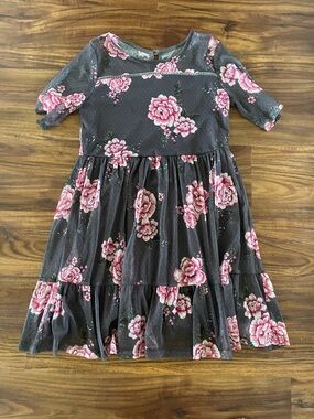 art class Gray Dress with Pink Rose Print and Tiered Skirt